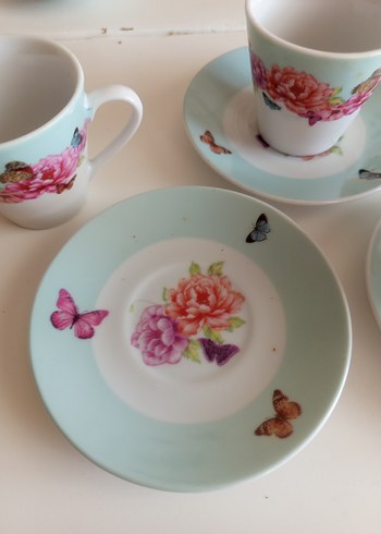 Turkuaz Kelebekli Çiçek Desenli 3'lü Fincan Seti - Görsel 3