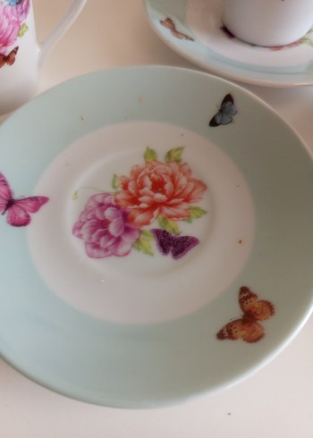 Turkuaz Kelebekli Çiçek Desenli 3'lü Fincan Seti - Görsel 6