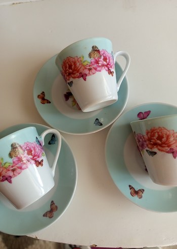 Turkuaz Kelebekli Çiçek Desenli 3'lü Fincan Seti - Görsel 4