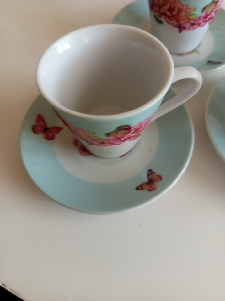 Turkuaz Kelebekli Çiçek Desenli 3'lü Fincan Seti - Görsel 2