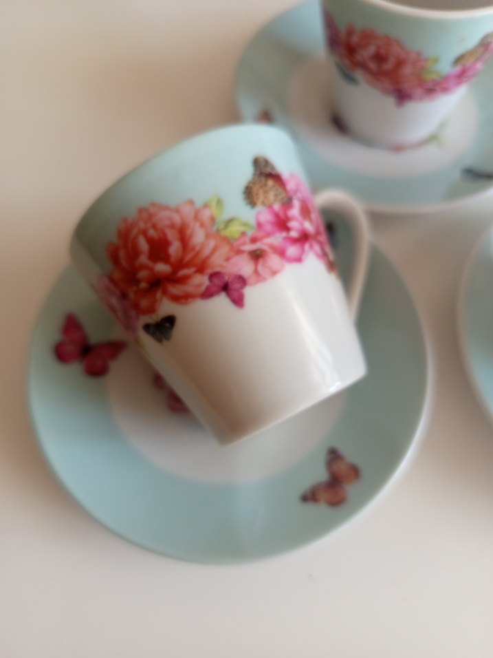 Turkuaz Kelebekli Çiçek Desenli 3'lü Fincan Seti - Görsel 5