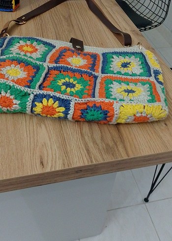 Renkli Örgü Çiçek Desenli Bohem Kadın Çantası - Görsel 3