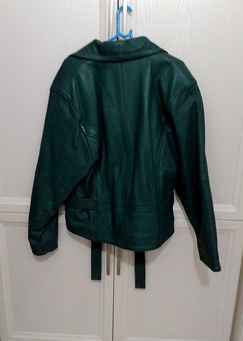 Kemerli Yeşil Deri Biker Ceket - Görsel 4