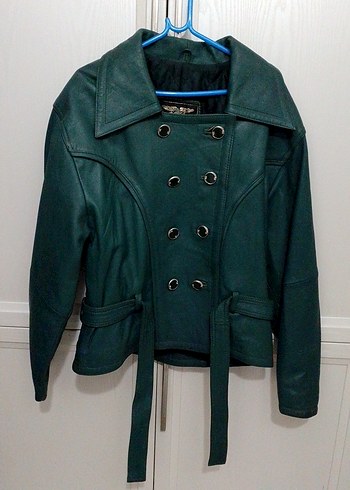 Kemerli Yeşil Deri Biker Ceket - Görsel 3