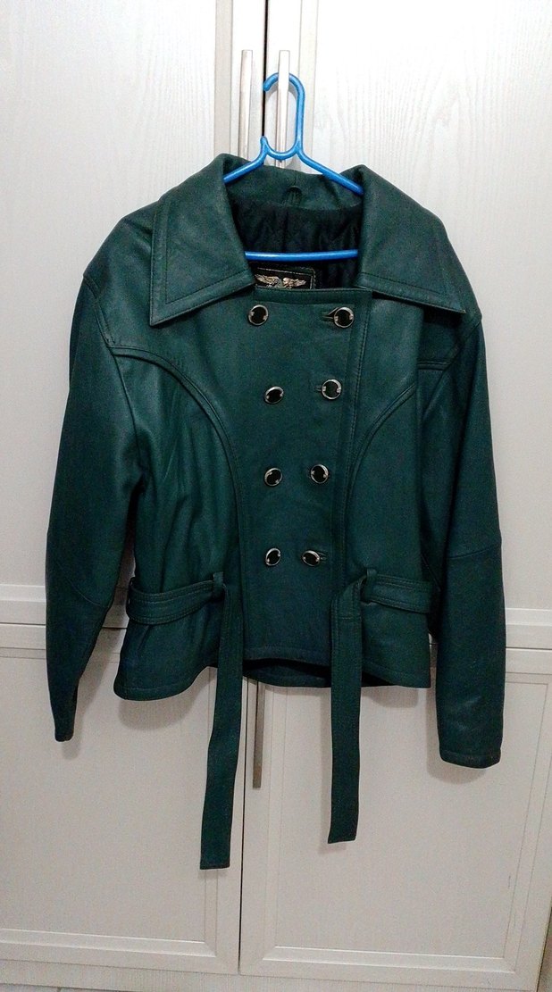 Kemerli Yeşil Deri Biker Ceket - Görsel 3