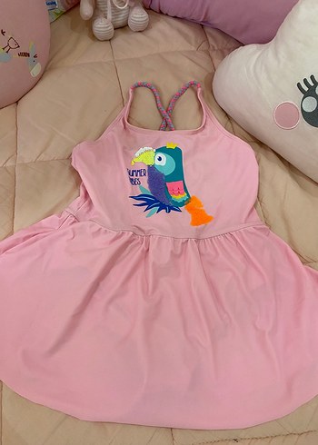 8 Yaş Beden pembe Renk Renkli Baskılı Pembe Fırfırlı Askısız Mayo