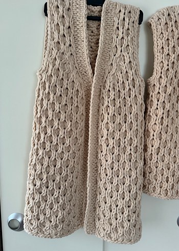 Bej Örgü Kadın Yelek Midi Boy - Görsel 3