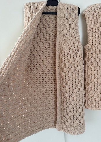 Bej Örgü Kadın Yelek Midi Boy - Görsel 6