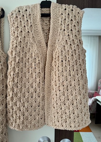 Bej Örgü Kadın Yelek Midi Boy - Görsel 2