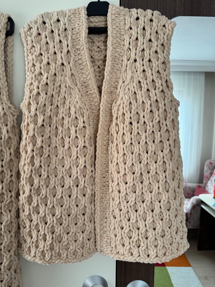 Bej Örgü Kadın Yelek Midi Boy - Görsel 2