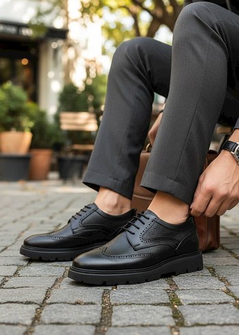 Hakiki deri Siyah Bağcıklı Erkek Oxford Ayakkabı - Görsel 3