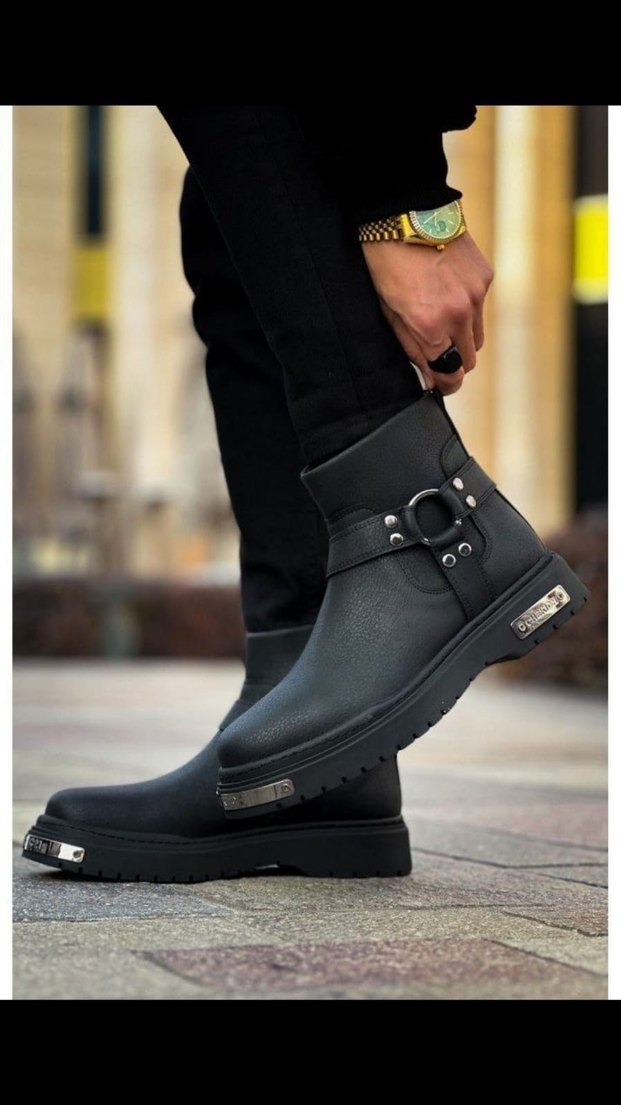 Chekich Bot Orijinal Deri Parlak Siyah Desenli Tokalı Erkek Bot - Görsel 3