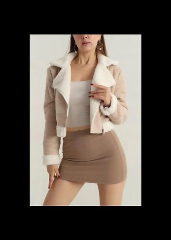 İçi kürklü dışı süet kısa kaban Kadın Bej Kürklü Kısa Süet - Görsel 3