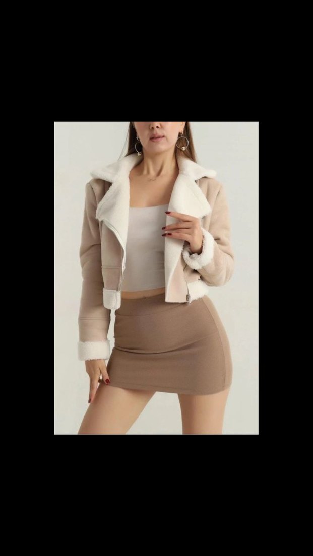 İçi kürklü dışı süet kısa kaban Kadın Bej Kürklü Kısa Süet - Görsel 3