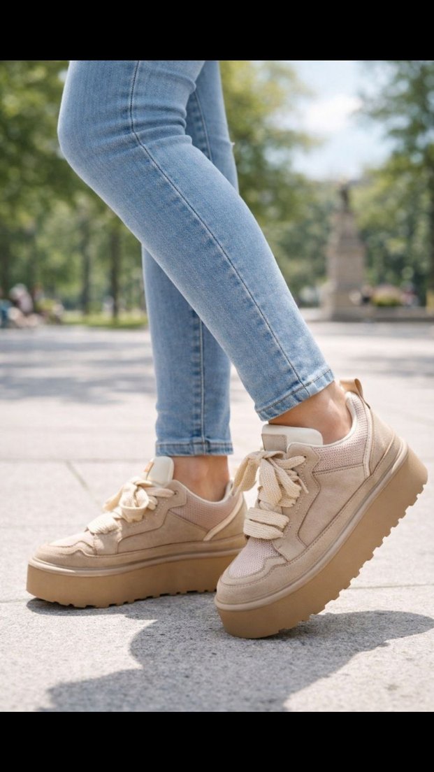 Ugg Bej Süet Platform Bağcıklı Kadın Spor Ayakkabı - Görsel 3