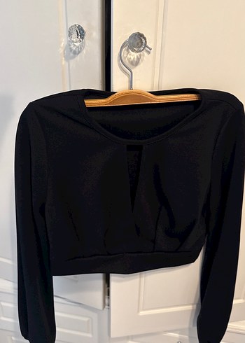 Siyah V Yaka Uzun Kollu Crop Bluz