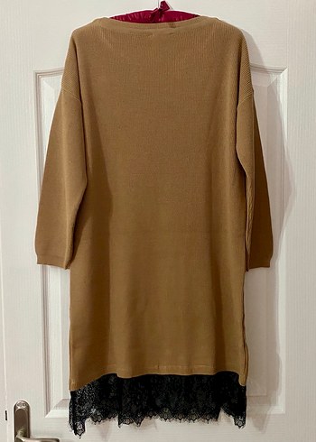 Bej Midi Triko Elbise Siyah Dantel Detaylı - Görsel 2