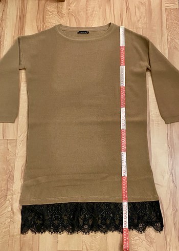 Bej Midi Triko Elbise Siyah Dantel Detaylı - Görsel 3