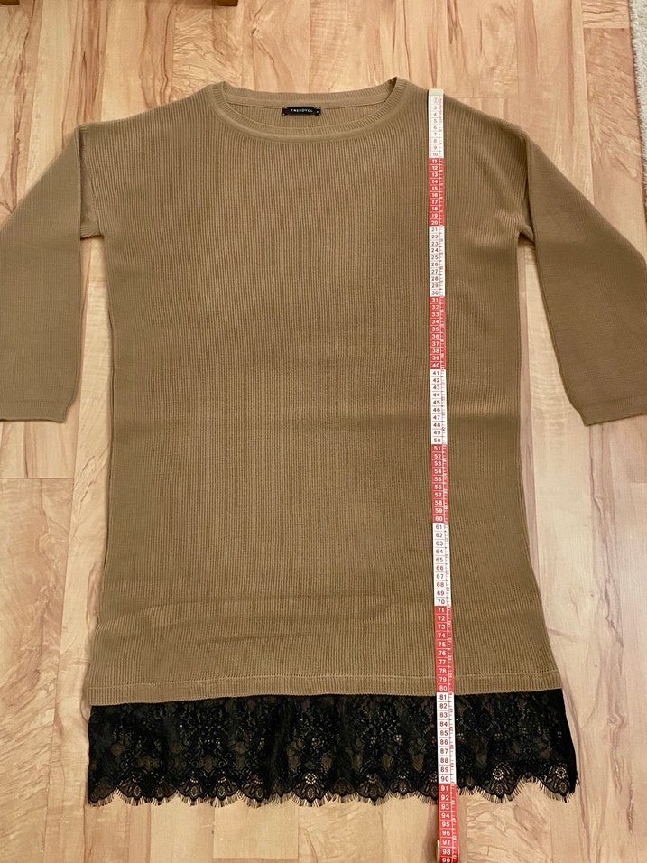 Bej Midi Triko Elbise Siyah Dantel Detaylı - Görsel 3