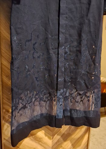 Nakışlı Lacivert Uzun Keten Elbise - Görsel 5