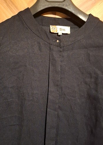 Nakışlı Lacivert Uzun Keten Elbise - Görsel 3