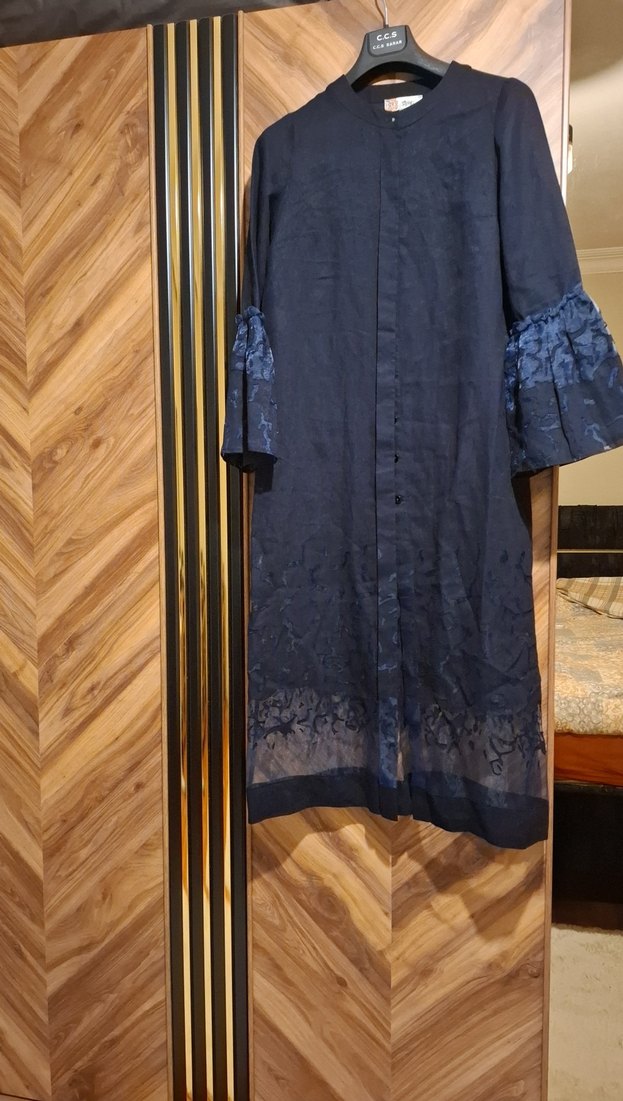 Nakışlı Lacivert Uzun Keten Elbise - Görsel 2