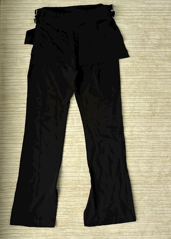 Kemerli Etekli Siyah Kadın Kumaş Pantolon - Görsel 5