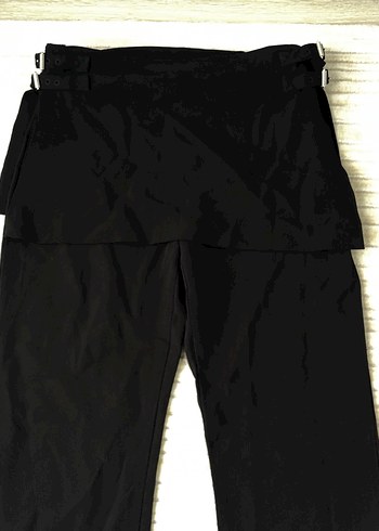 Kemerli Etekli Siyah Kadın Kumaş Pantolon - Görsel 2