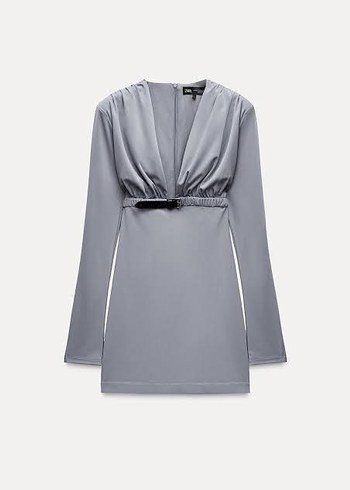 Zara Zara mavi Mini V Yaka Kemerli Elbise