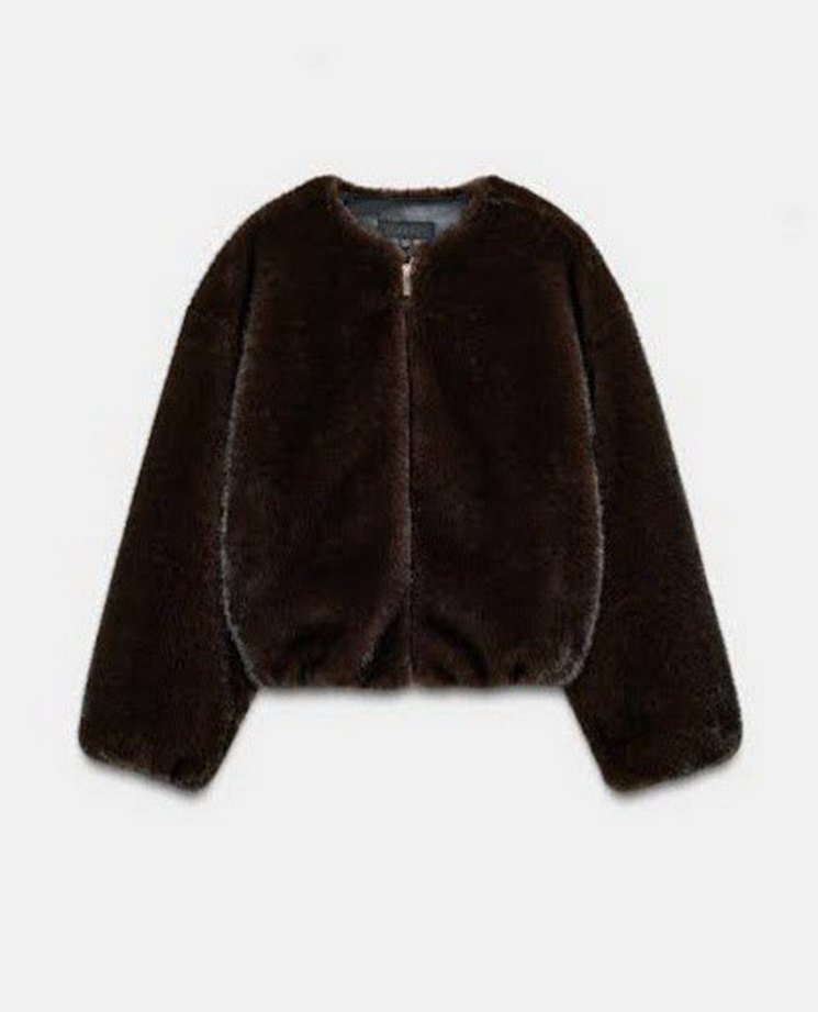 Kahverengi Kısa Yüksek Yakalı Kadın Peluş Ceket - Görsel 4