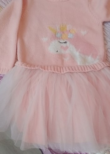 Kız Çocuk Pembe Triko Elbise Unicorn İşlemeli - Görsel 3