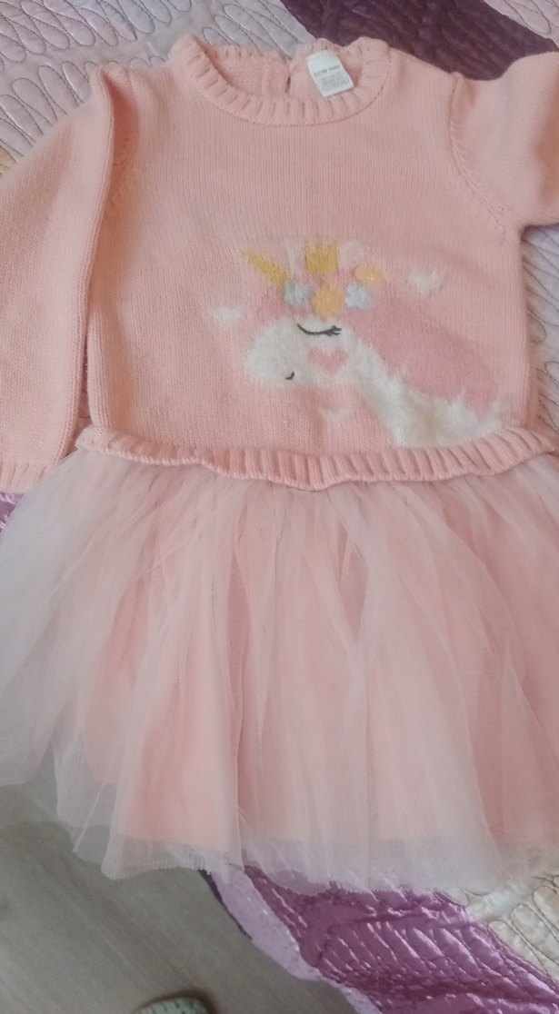 Kız Çocuk Pembe Triko Elbise Unicorn İşlemeli - Görsel 3