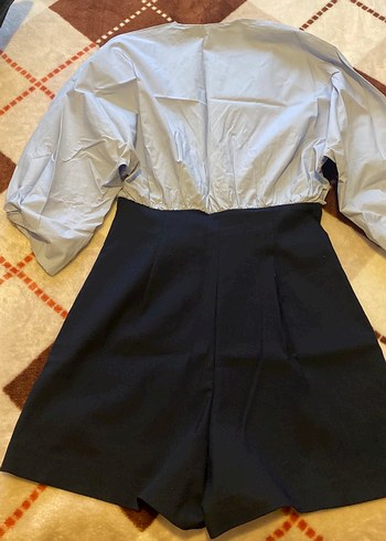 Mavi lacivert Düğmeli Kısa Kadın Tulum - Görsel 5