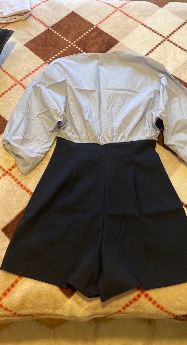 Mavi lacivert Düğmeli Kısa Kadın Tulum - Görsel 5