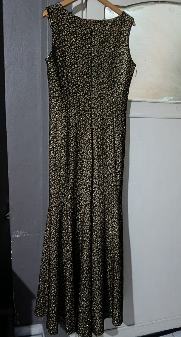 Kadın sarı Yılan Desenli Dantel Detaylı Uzun Abiye - Görsel 4