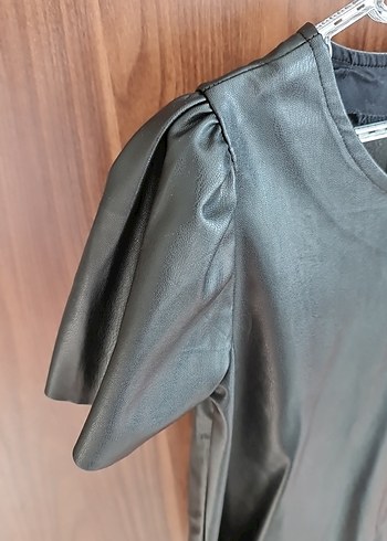 Drapeli siyah Deri Mini elbise - Görsel 2