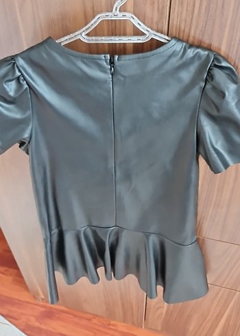 Drapeli siyah Deri Mini elbise - Görsel 6