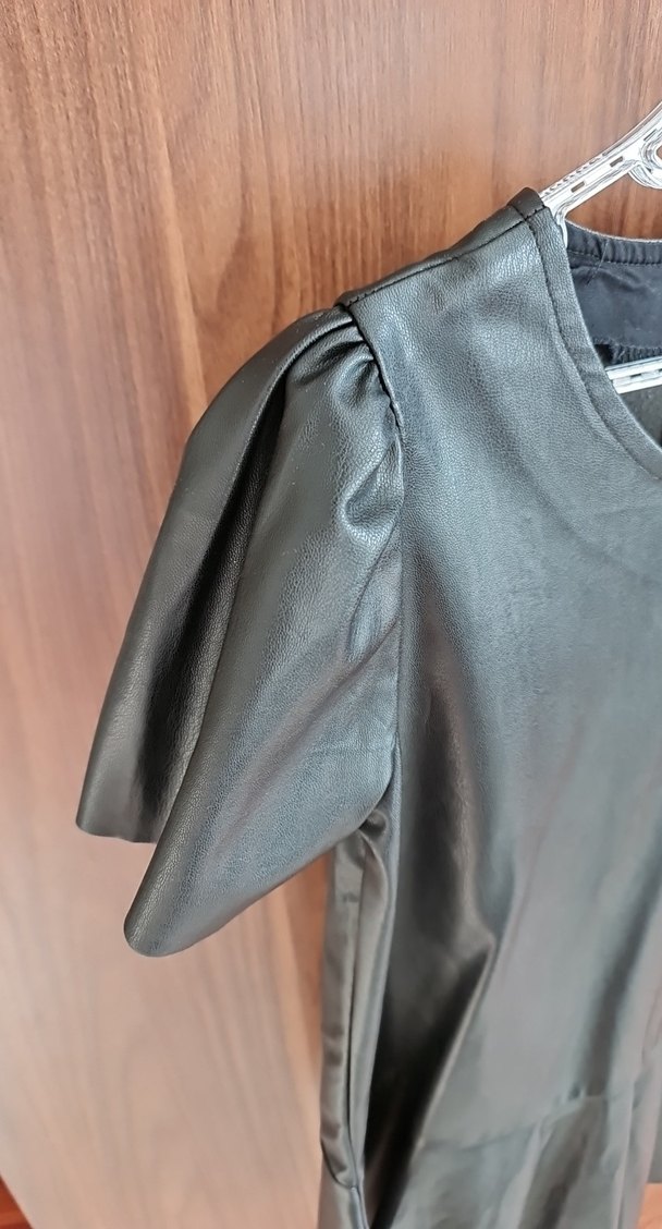 Drapeli siyah Deri Mini elbise - Görsel 2