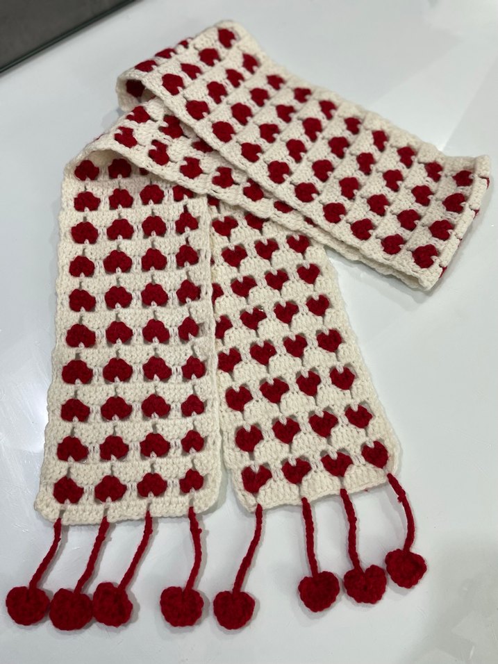 Krem Kırmızı kalpli Örgü Kadın Şal - Görsel 2