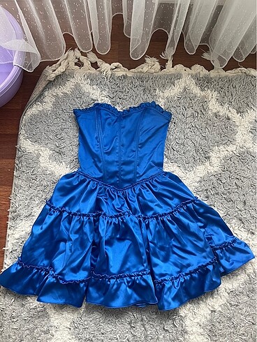 Korse Detaylı Saks Mavi Saten Elbise