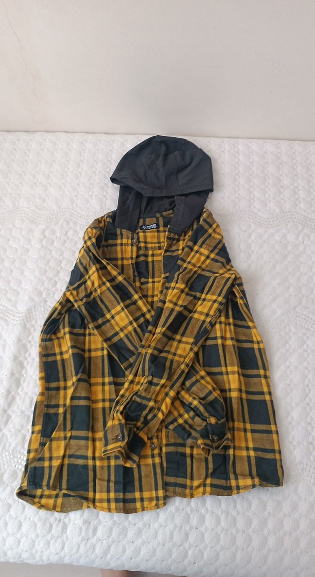 Sarı Ekose Kapüşonlu Uzun Kollu Gömlek - Görsel 3