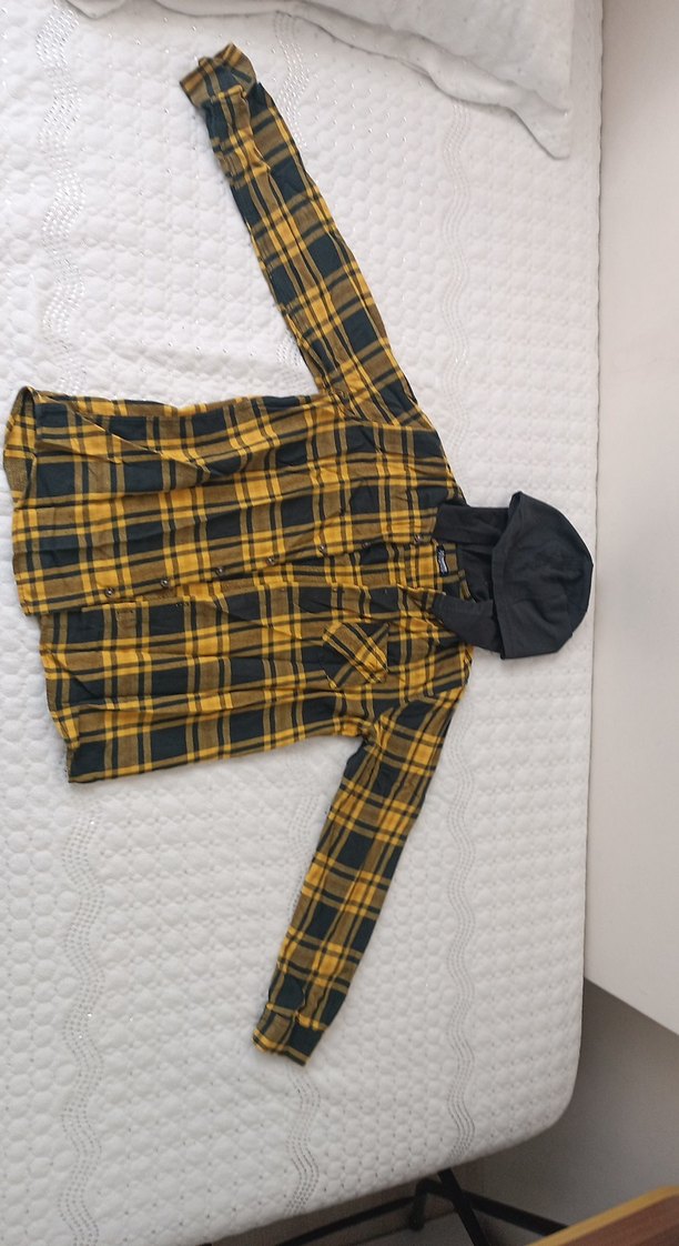 Sarı Ekose Kapüşonlu Uzun Kollu Gömlek - Görsel 2