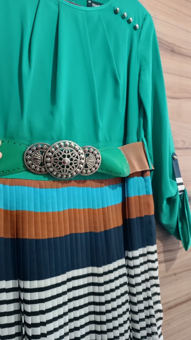 Turkuaz Piliseli Uzun Bohem Elbise - Görsel 4