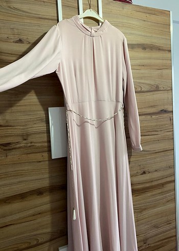 Kadın pudra pembesi Uzun Elbise Yüksek Yakalı - Görsel 3