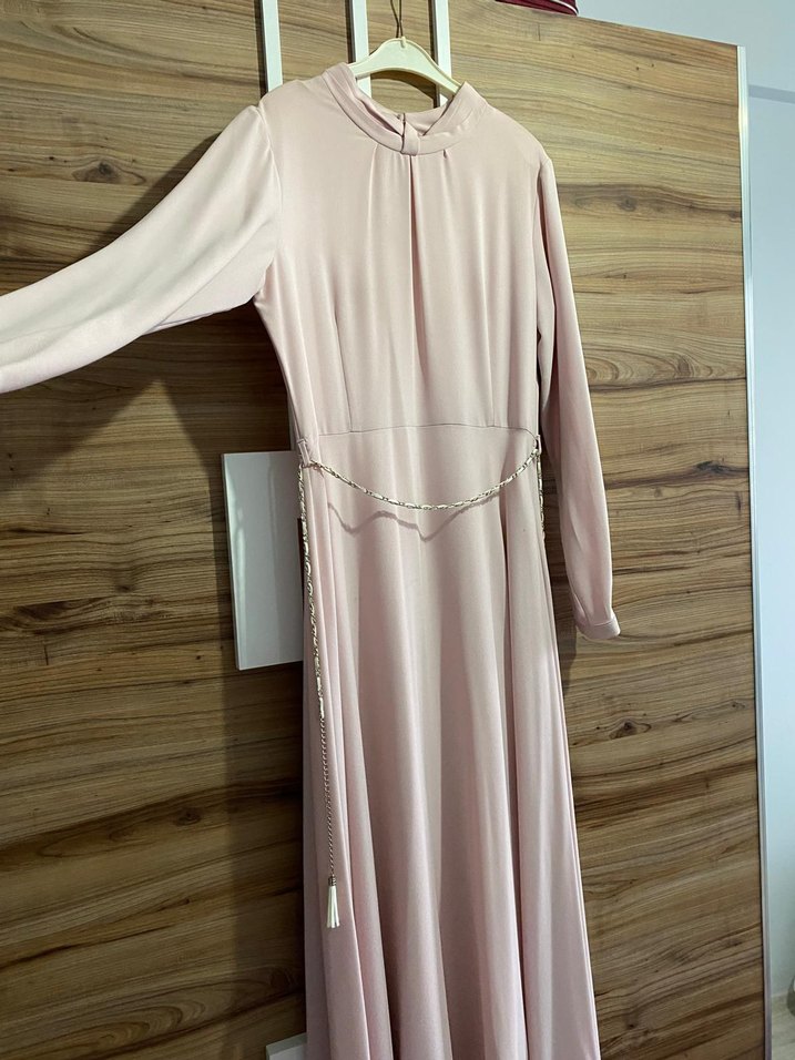 Kadın pudra pembesi Uzun Elbise Yüksek Yakalı - Görsel 3