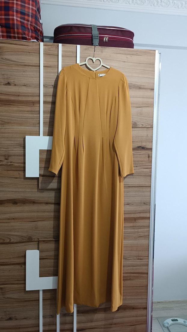 sarı Uzun Kollu Piliseli Kadın Elbise - Görsel 2