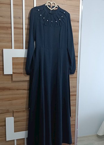 Uzun Kollu lacivert işlemeli Abiye Elbise - Görsel 2