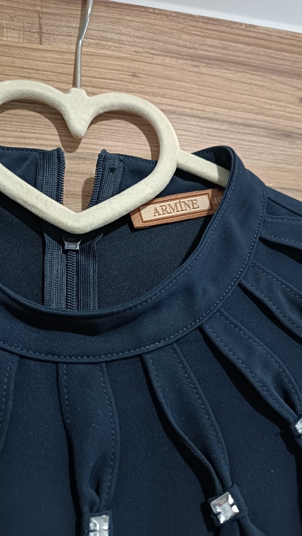 Uzun Kollu lacivert işlemeli Abiye Elbise - Görsel 3