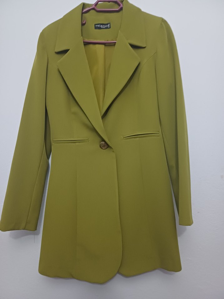 Uzun Kesim Kadın Haki Düğmeli Blazer - Görsel 2