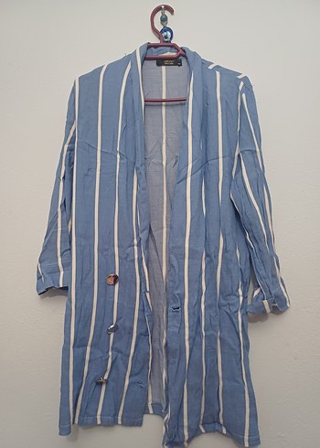 Düğmeli Mavi Uzun Kadın  Ceket - Görsel 4